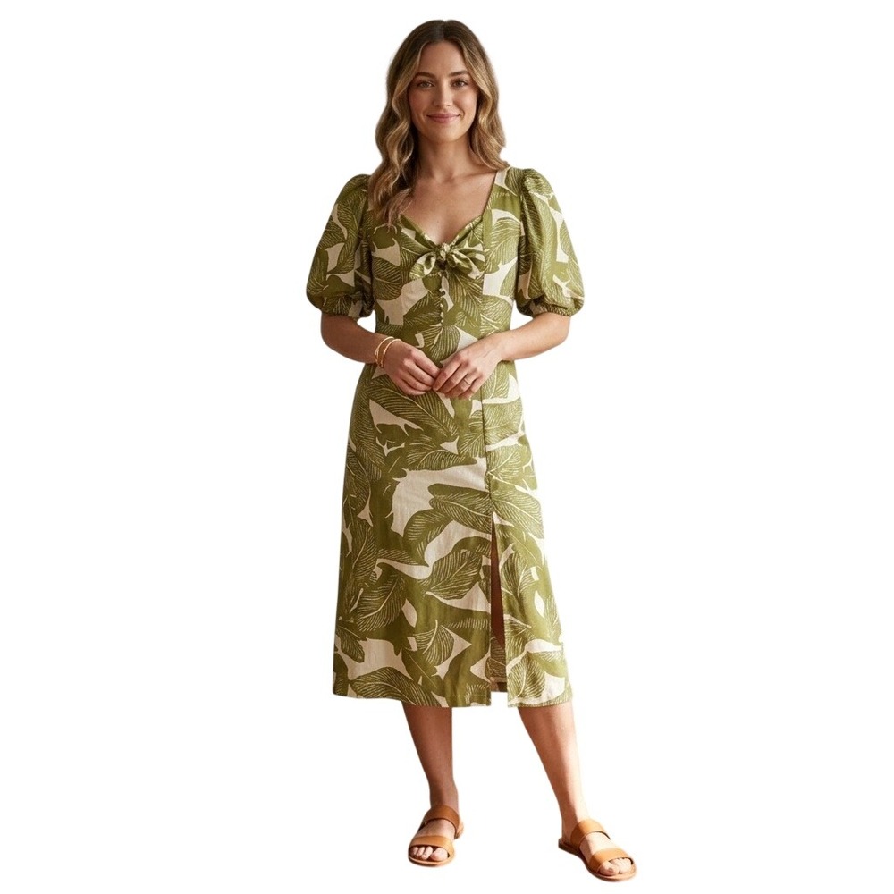 Walter Baker Midi Dress Womens 8 Green Palm Leaf Print Cotton Puff Sleeve W71487